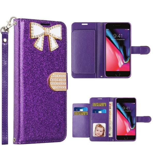 Wholesale Ribbon Bow Crystal Diamond Wallet Case for Apple iPhone 11 [6.1] (Purple)